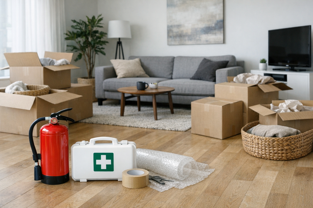 New home essentials arranged in a bright living room beside moving boxes