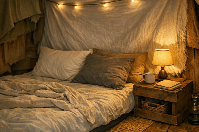 A makeshift bedroom setup with a mattress on the floor, pillows, and a small bedside lamp.