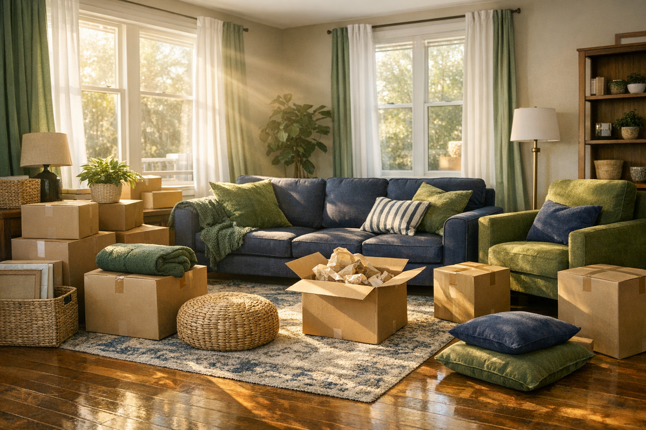 A couple unpacking boxes in their new home with sunlight streaming through the windows.