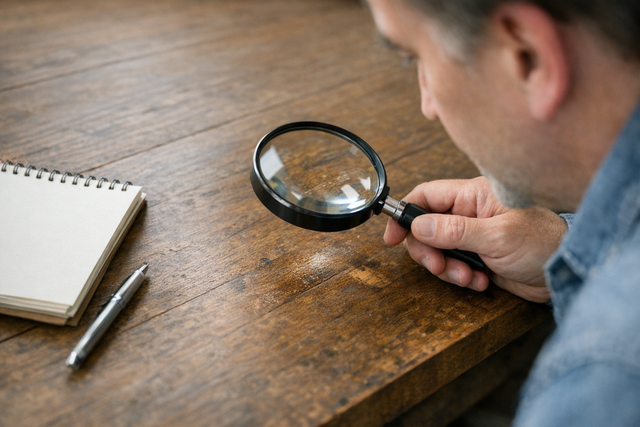 A person inspecting a table for damage with a magnifying glass and a notepad.