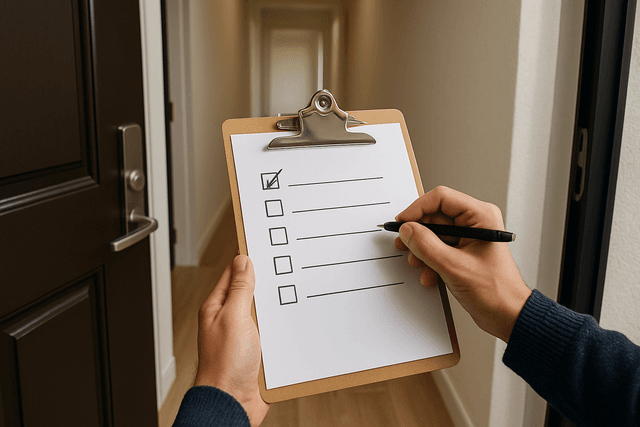 Final walkthrough checklist at a front door before moving out