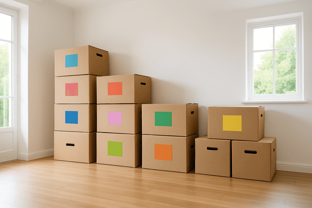 Room-by-room labeled moving boxes ready for move day