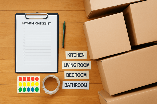 Clipboard, checklist supplies, and labeled moving boxes in a sunlit room