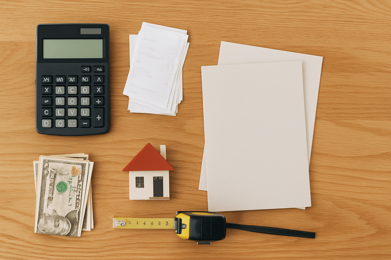 Moving budget supplies including calculator, receipts, and estimate papers