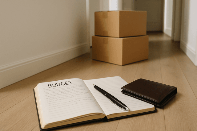 Budget notebook open beside moving boxes