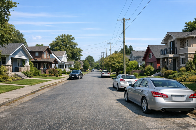 Suburban street with varying types of housing and parked cars