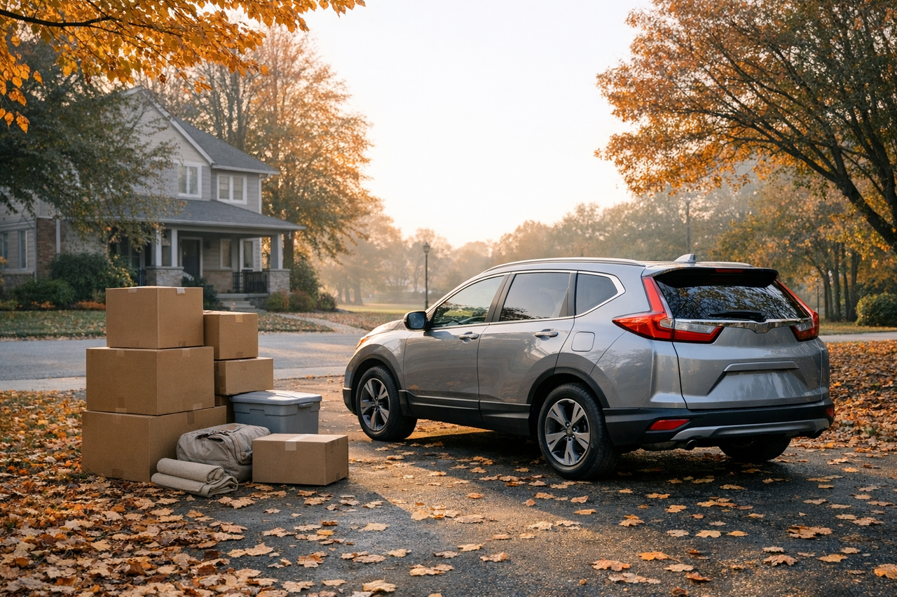 A car parked in a residential neighborhood with moving boxes visible in the background