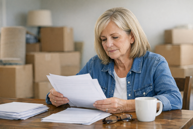 A person reviewing Medicare documents with a moving box in the background
