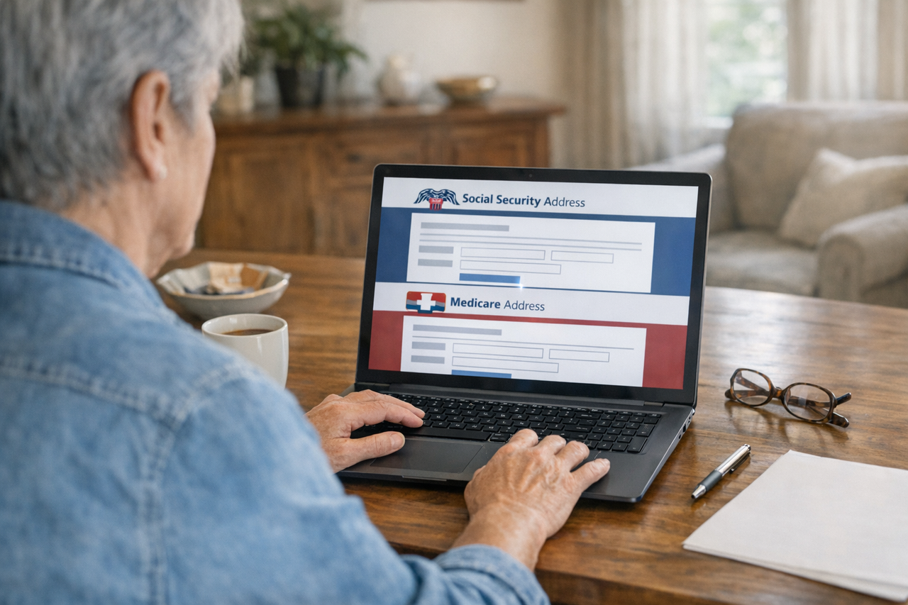 Illustration showing a person updating their SSA and Medicare address online