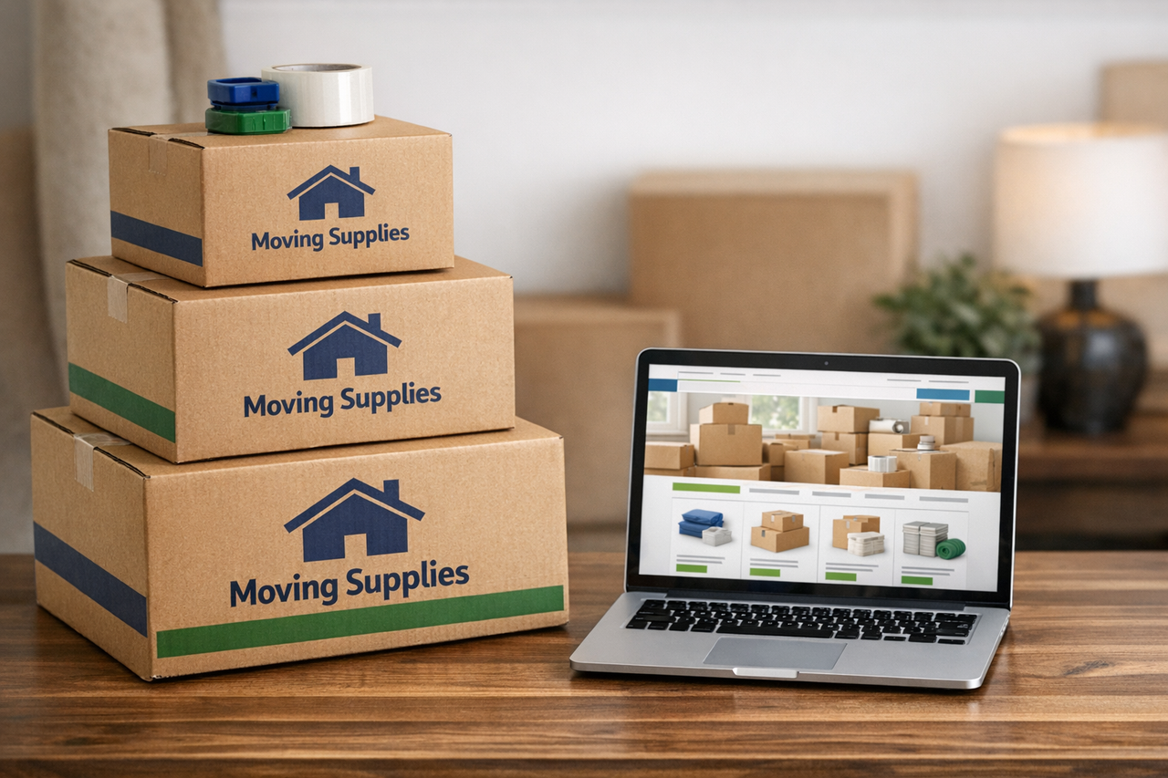 A stack of moving boxes next to a laptop showing the USCIS website.