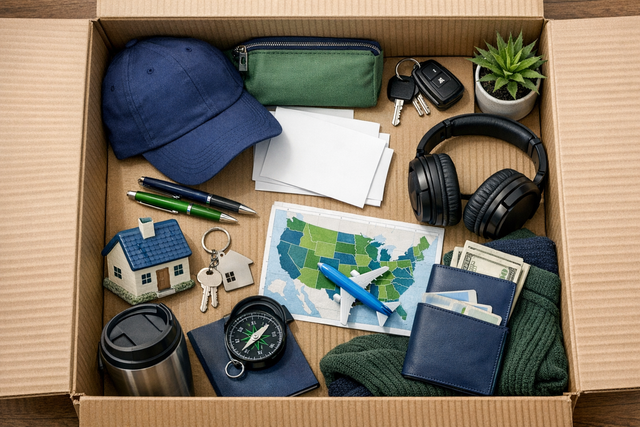 A moving box with items representing a new state move checklist