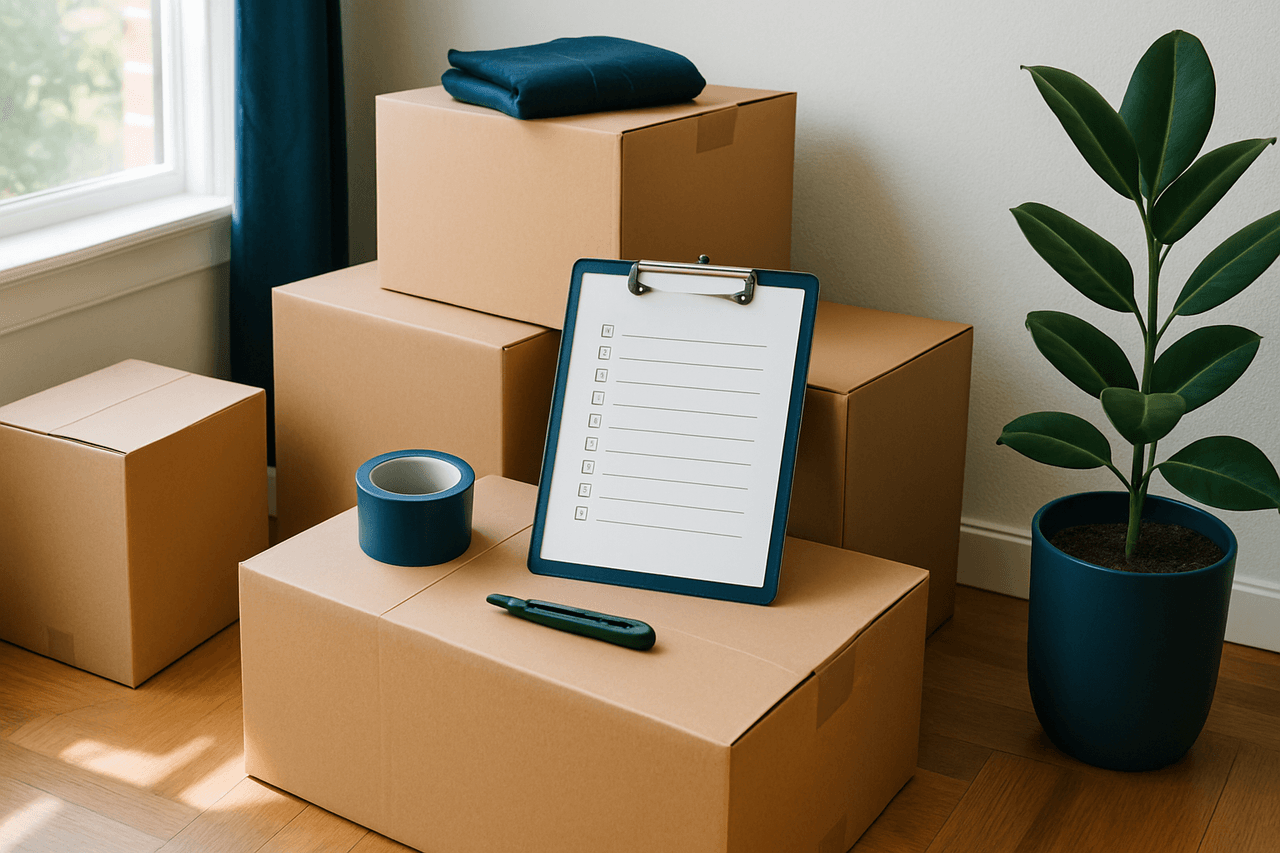 Moving boxes, checklist, and planning materials for a household relocation