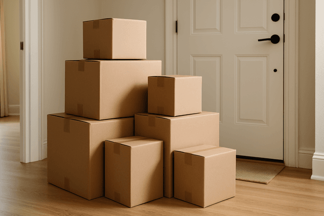 Stacked moving boxes in various sizes labeled for rooms