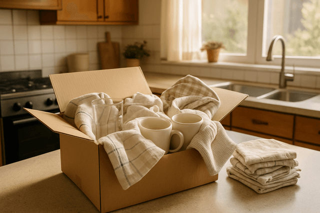Kitchen glassware wrapped in dish towels and socks for a budget-friendly move