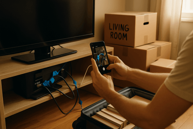 Person photographing TV cables and packing books in a rolling suitcase on moving day