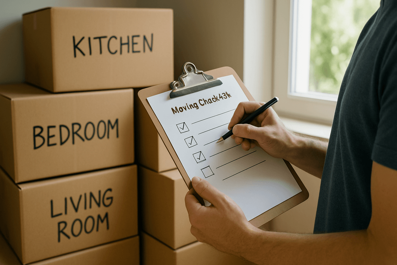 Moving checklist on clipboard with packed boxes