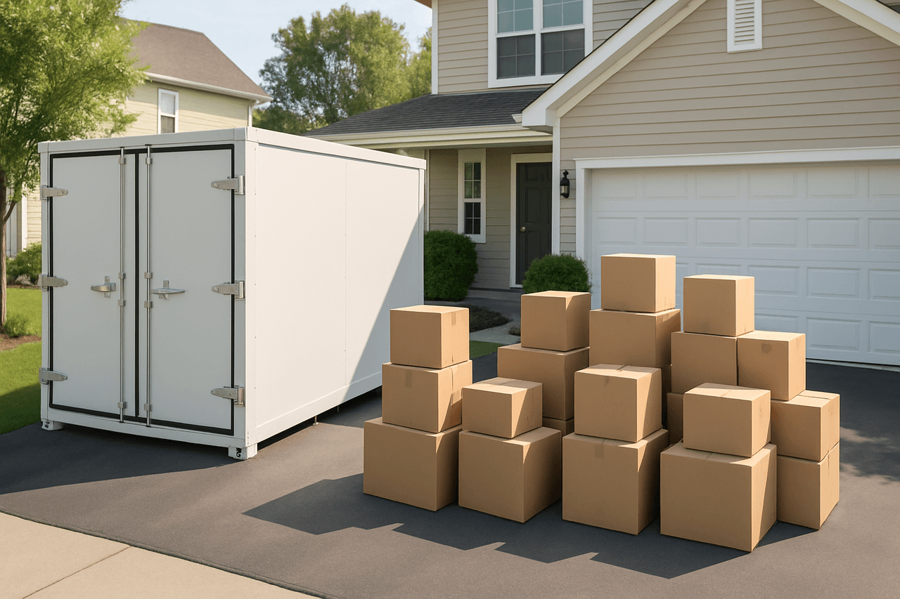 Portable storage container and self-storage facility for moving