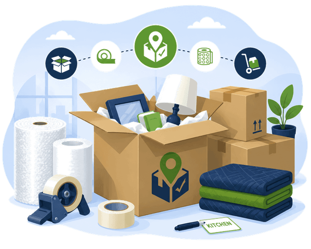 Illustration of professional movers packing boxes and belongings