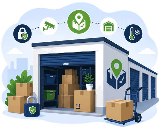 Illustration of a moving storage facility with boxes and containers